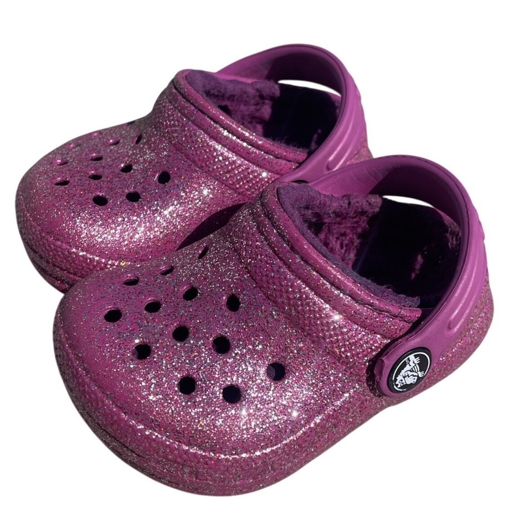 Crocs Classic Fur Lined Glitter Clog Kids C4 Pink Silver Sparkle Fuzzy